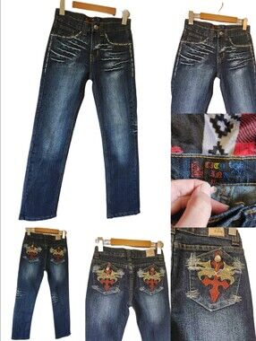 City Ink Y2K Embroidered Flap Pocket Jeans Thick Contrast Stitch Sz 25 Like New